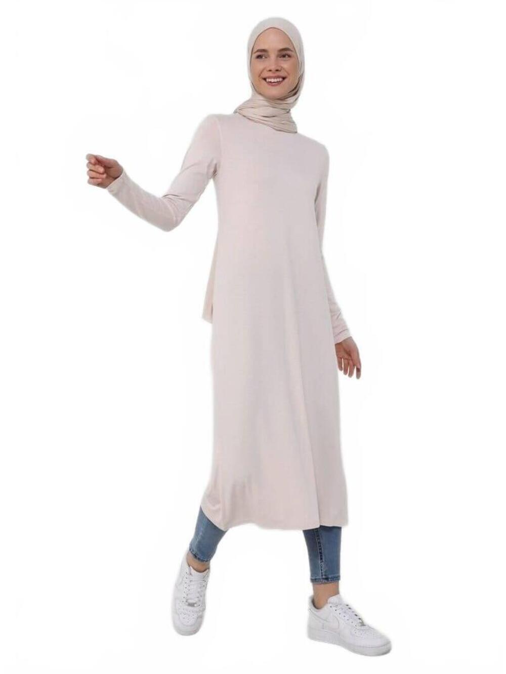 Modest Long Sleeve Maxi Tunic Dress in Light Beige, Size - S
